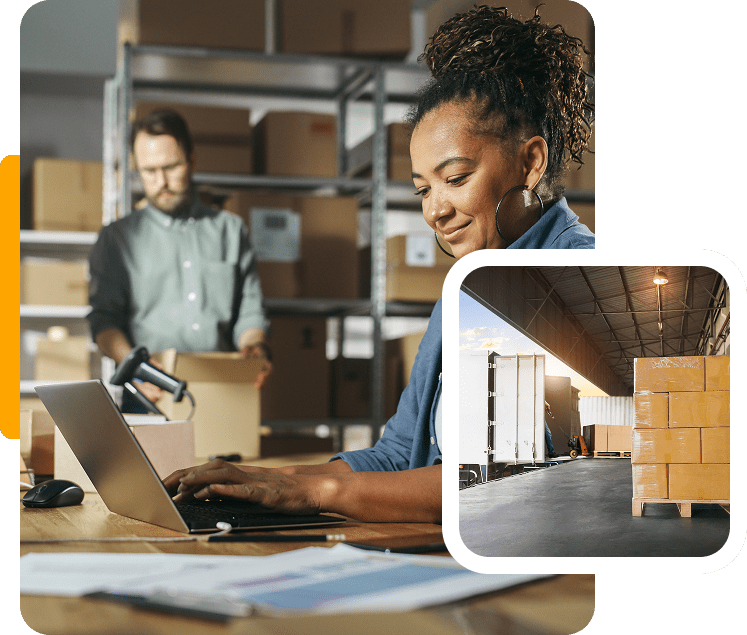 Two people working in a warehouse.