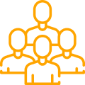 Four outlined figures in orange on black.