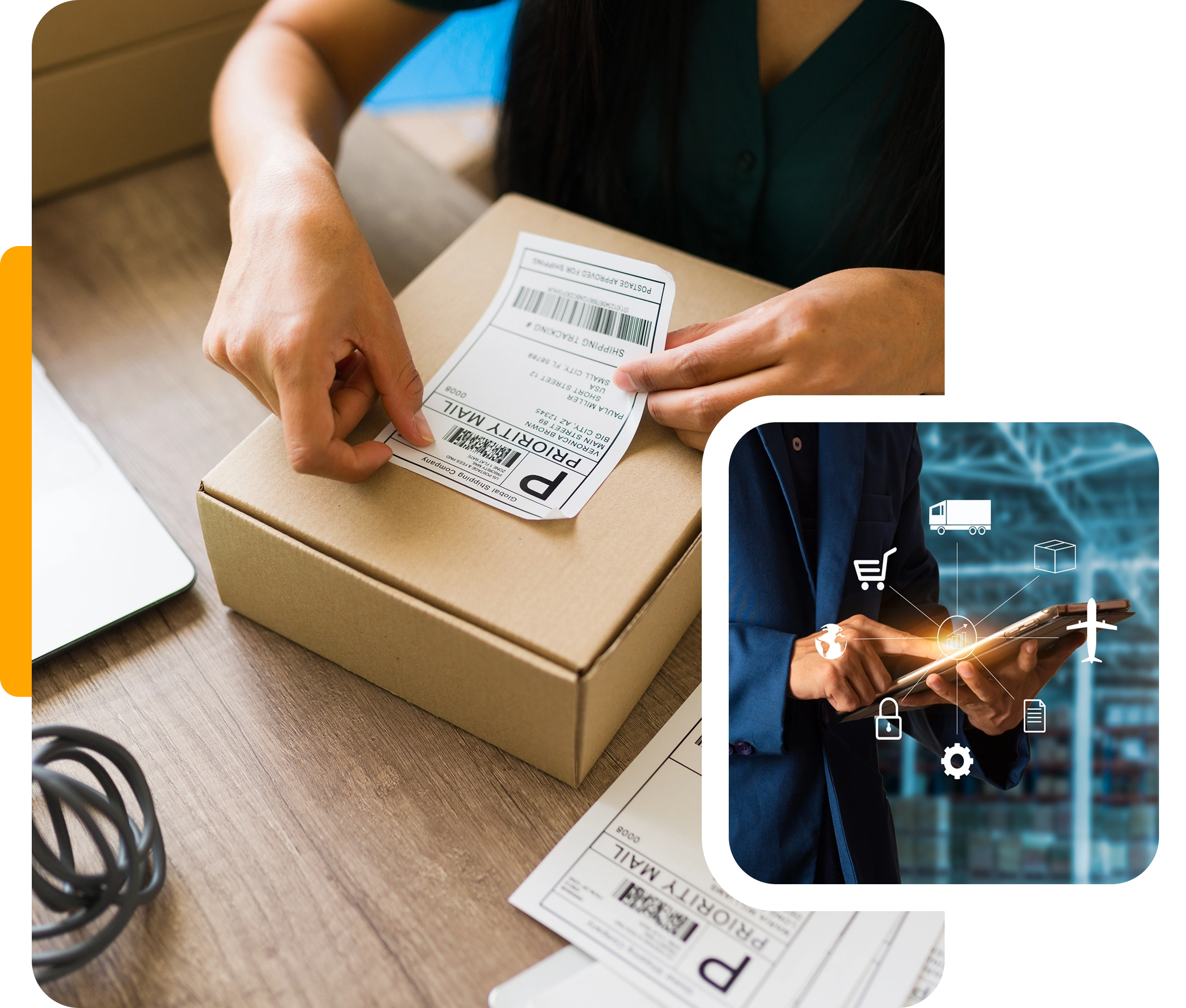 A person is placing a shipping label on a cardboard box with various shipping-related icons displayed nearby.