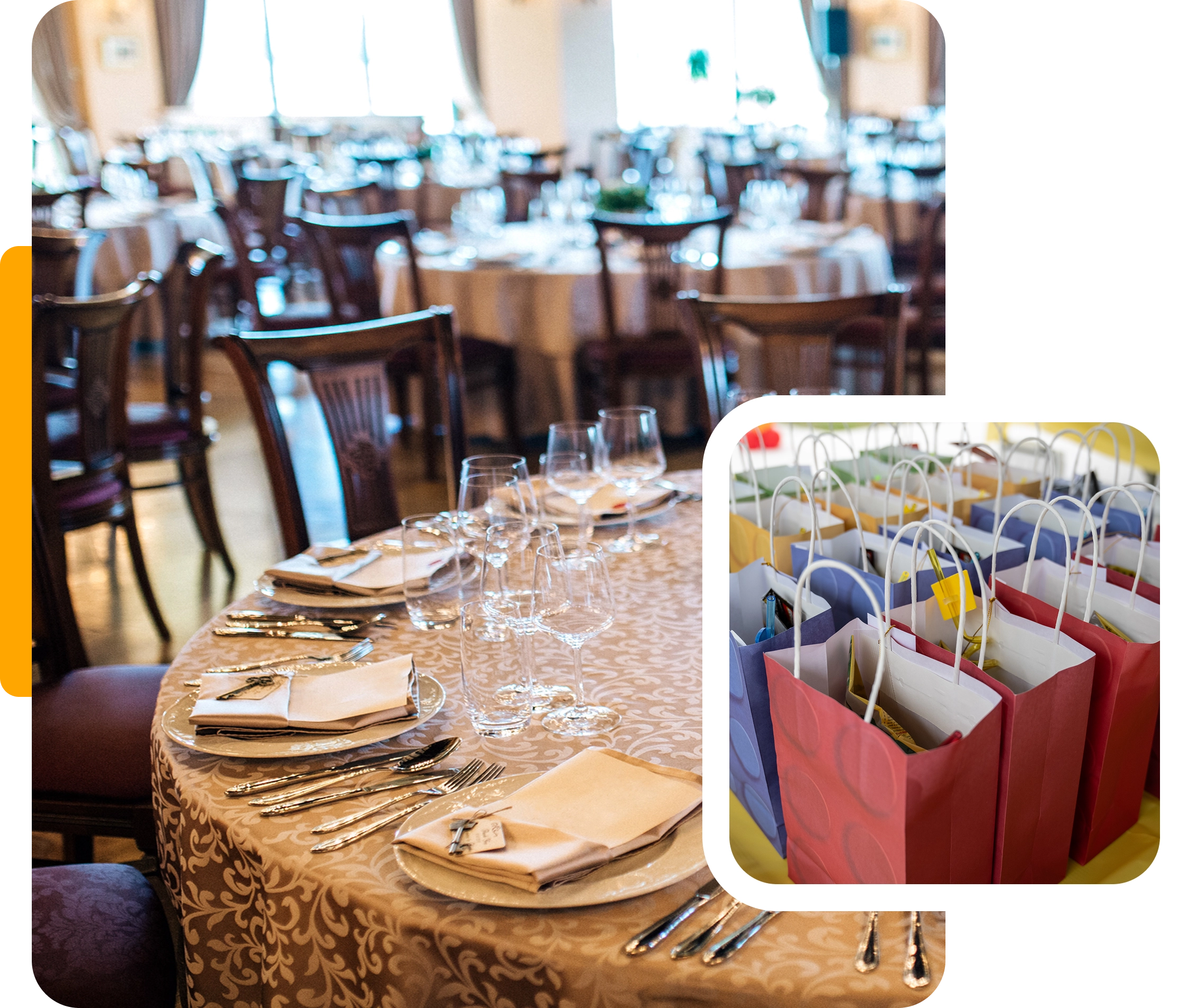 Elegant banquet setup with neatly arranged tables and gift bags ready for guests.
