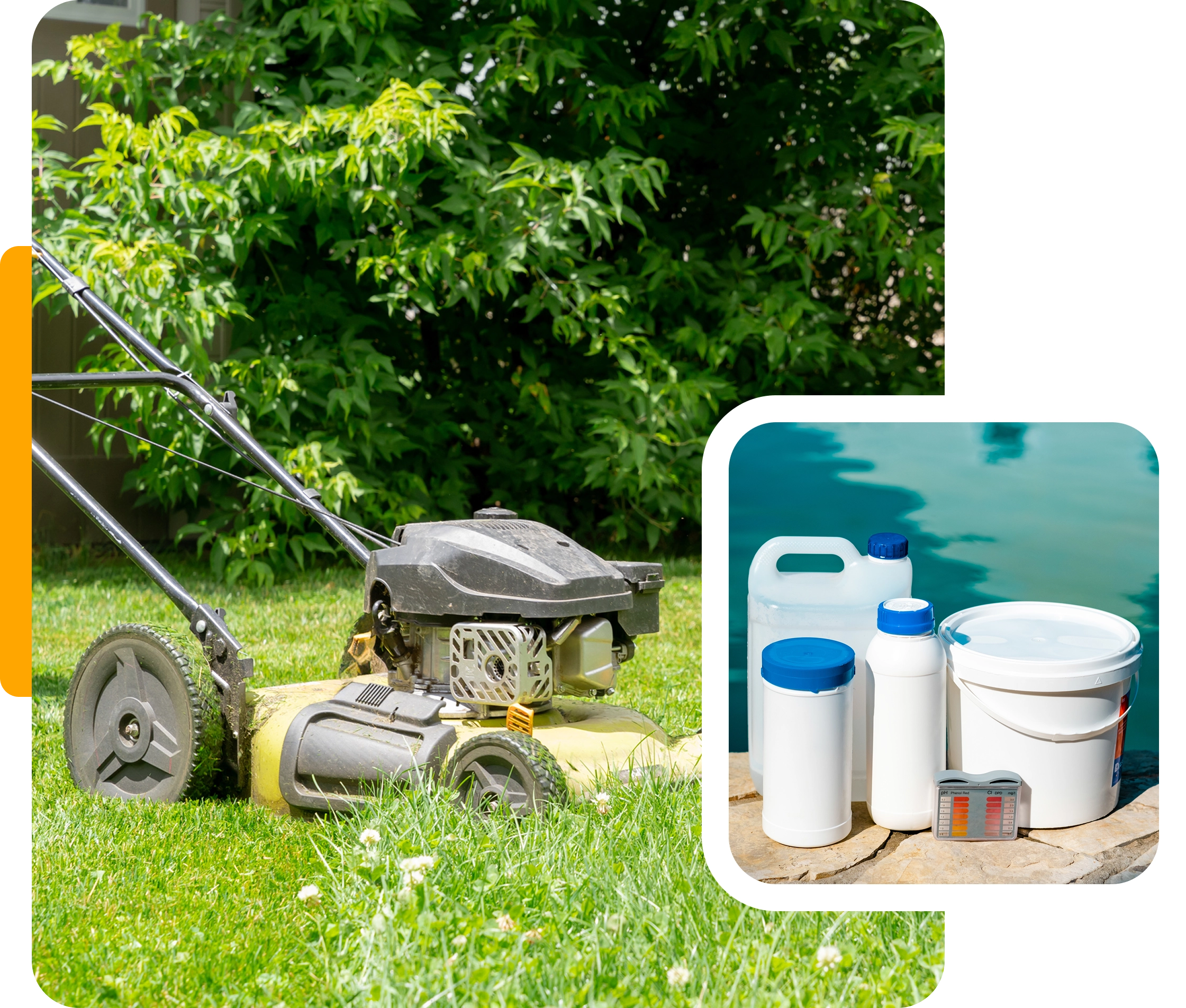 Lawn mower on grass with inset of pool chemicals and testing kit.