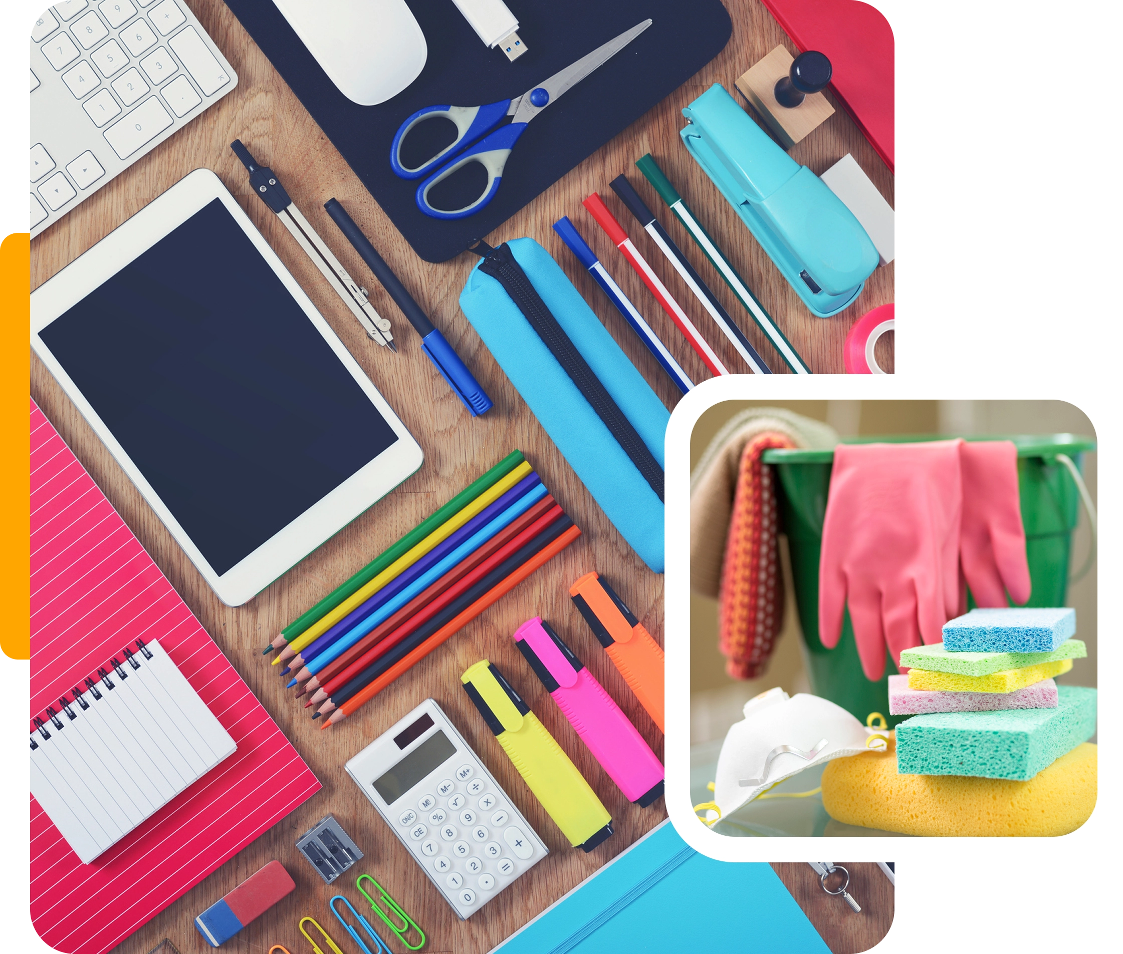 A tabletop with organized school supplies including notebooks, pens, pencils, scissors, and an iPad; inset shows cleaning supplies like sponges, gloves, and spray bottles.