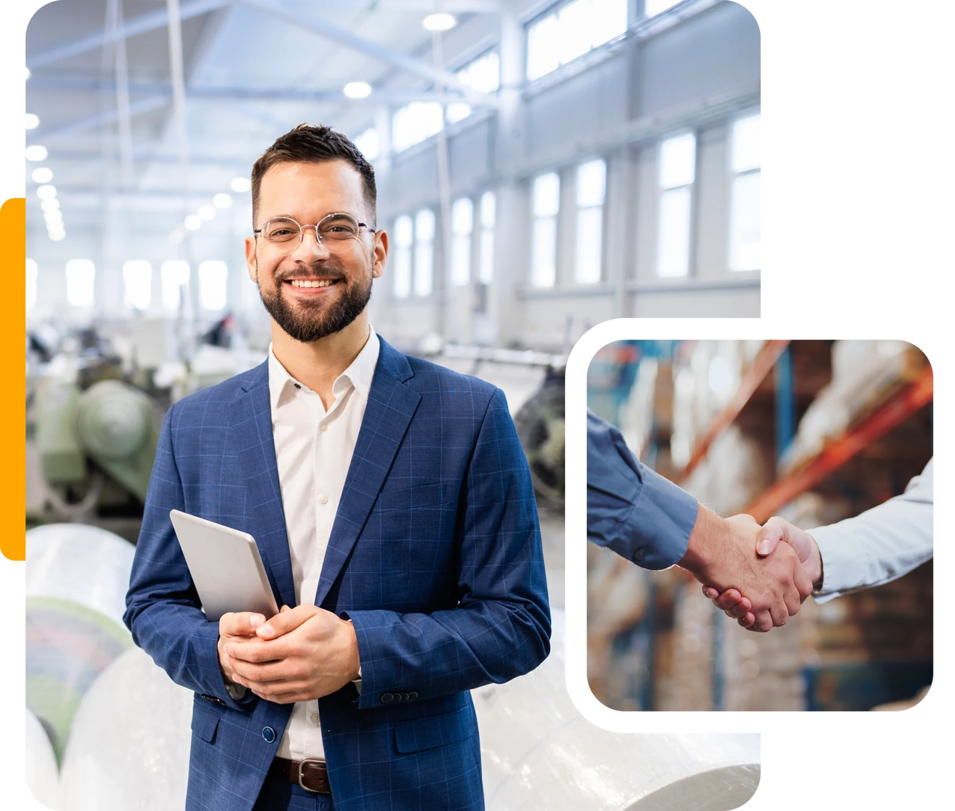 Man with tablet in industrial setting, handshake.