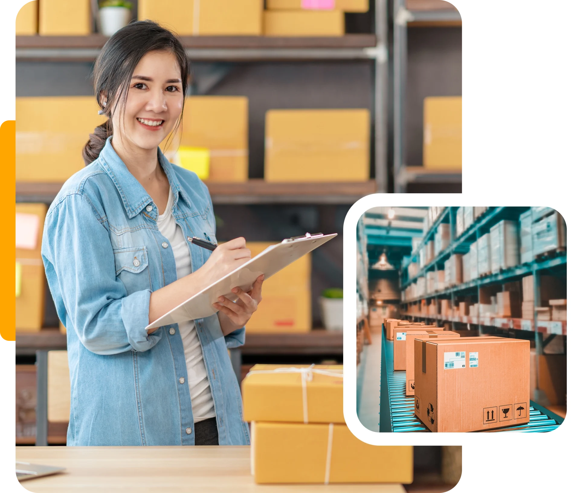 Smiling woman managing warehouse inventory with clipboard.